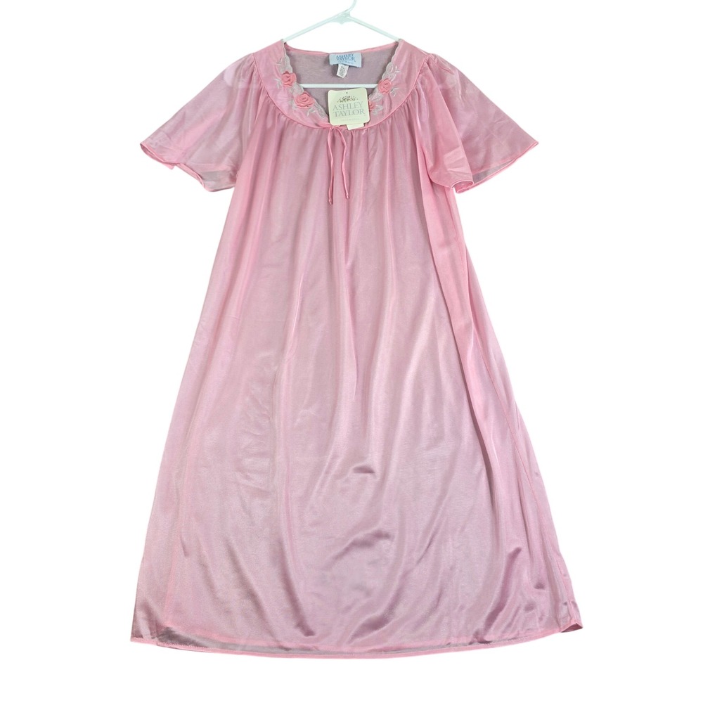 Vintage 90s Ashley Taylor Nightgown Womens Small Pink Floral Embroidered‎ Satin